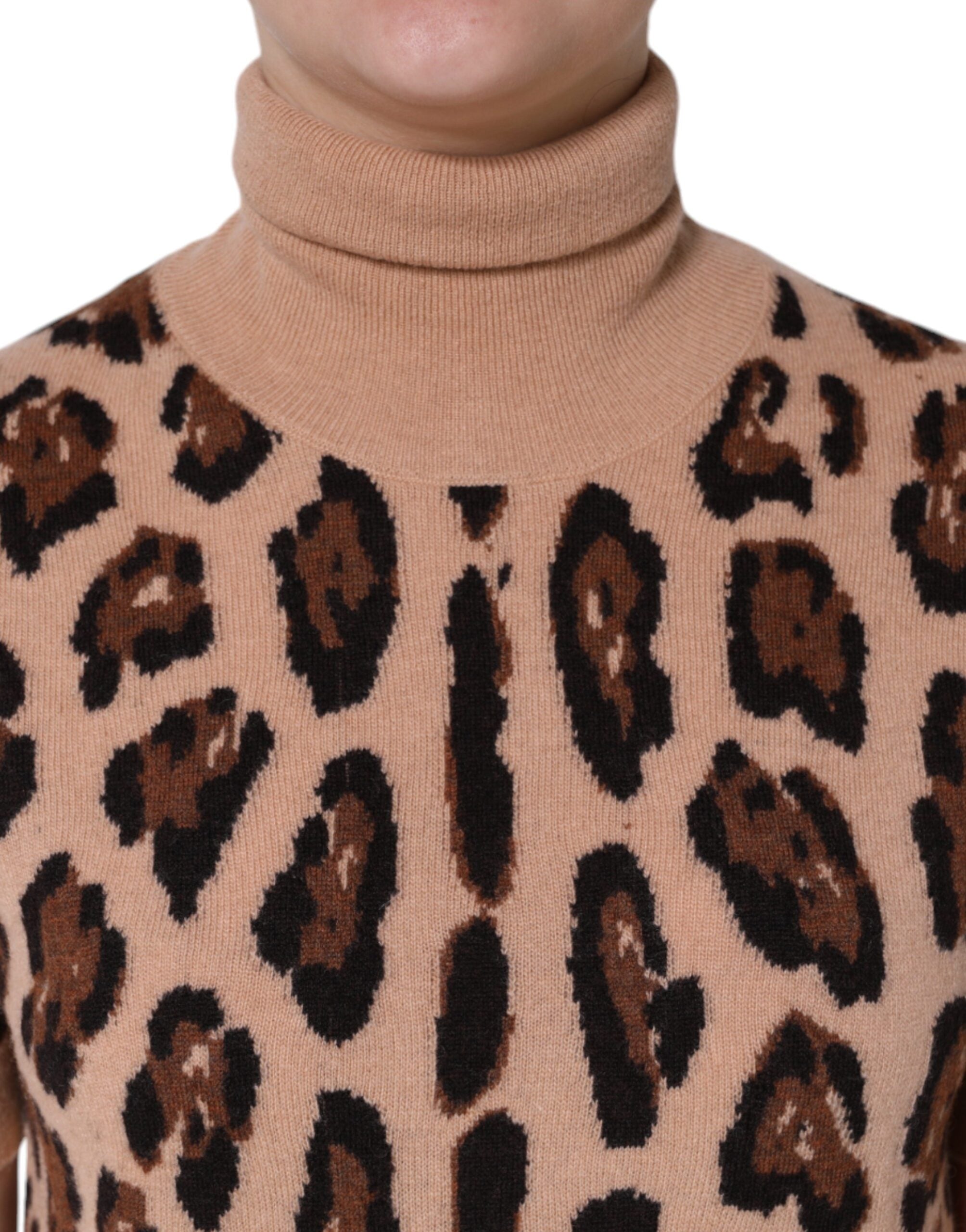 Top Dolcevita in Lana Stampa Leopardata Beige