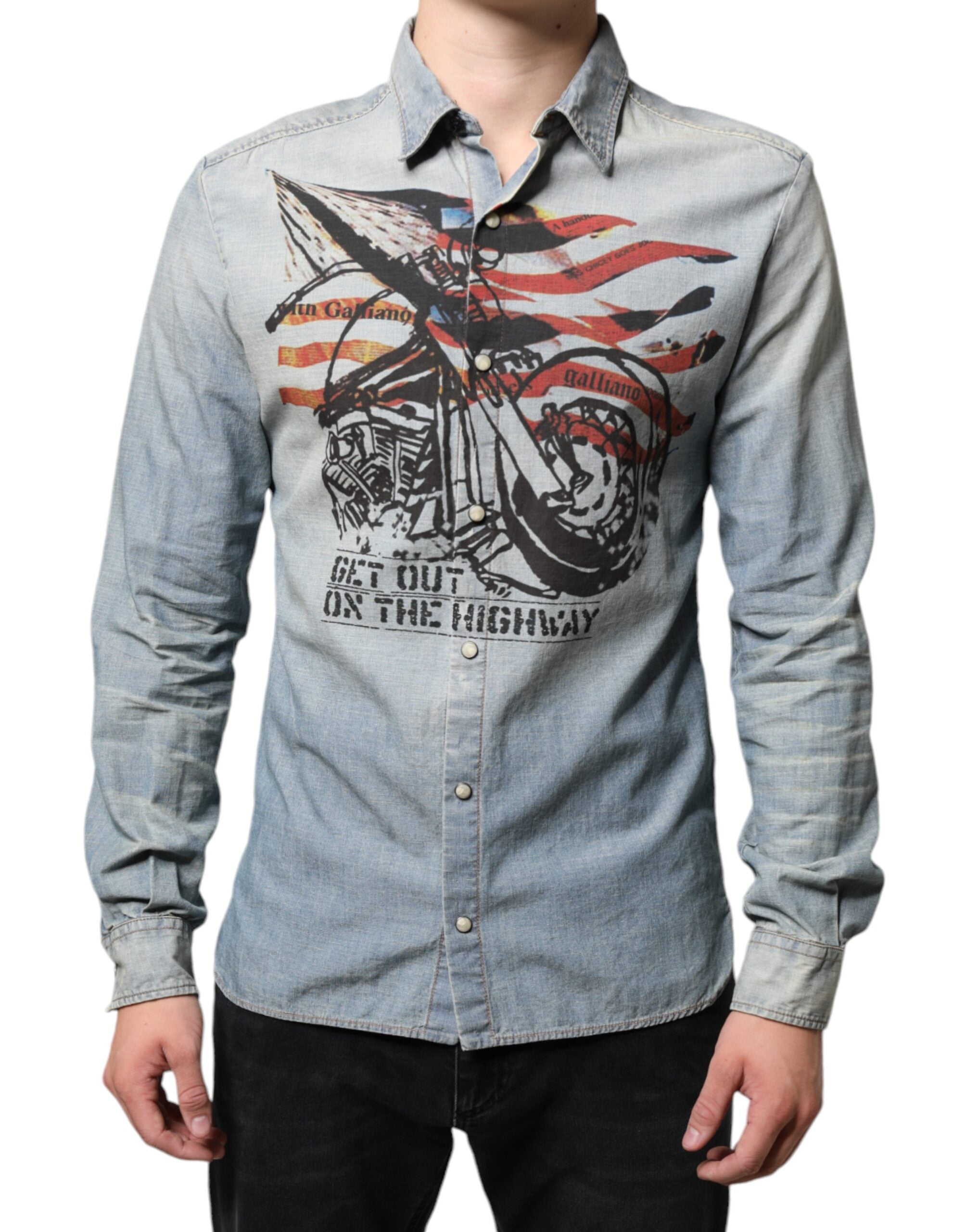 Hellblau bedrucktes Baumwoll-Denim Langarmhemd