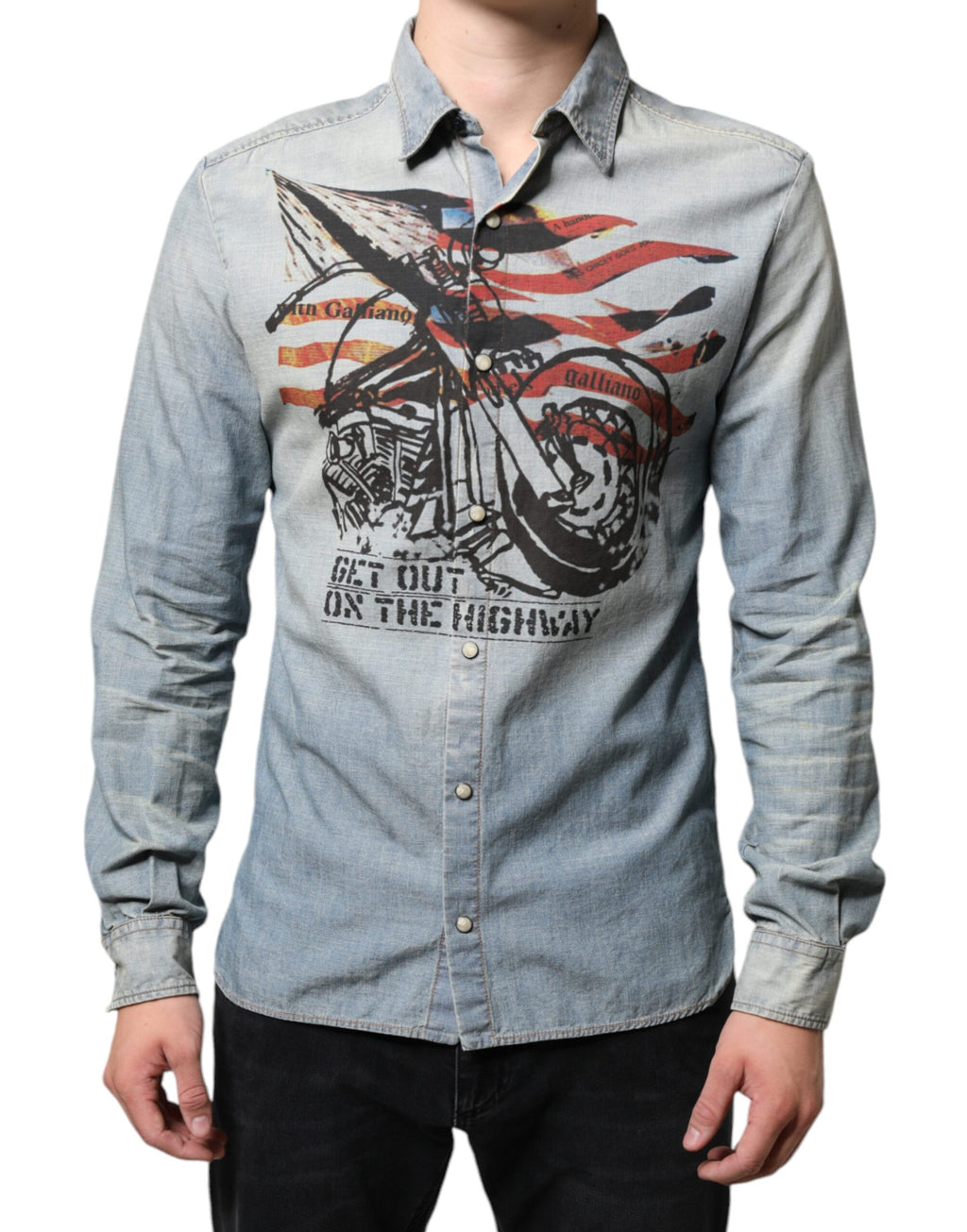 Hellblau bedrucktes Baumwoll-Denim Langarmhemd