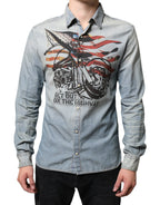 Hellblau bedrucktes Baumwoll-Denim Langarmhemd
