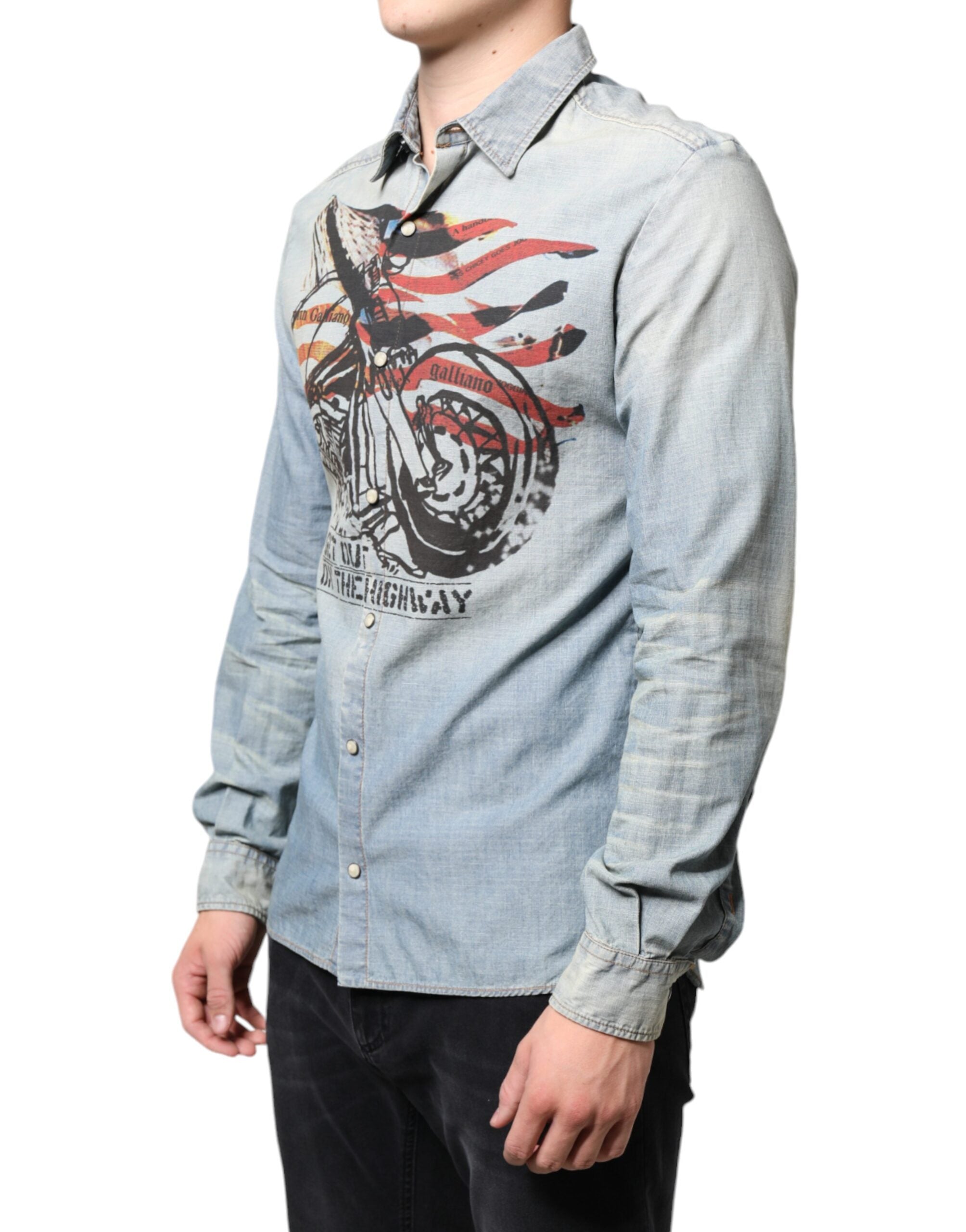 Hellblau bedrucktes Baumwoll-Denim Langarmhemd