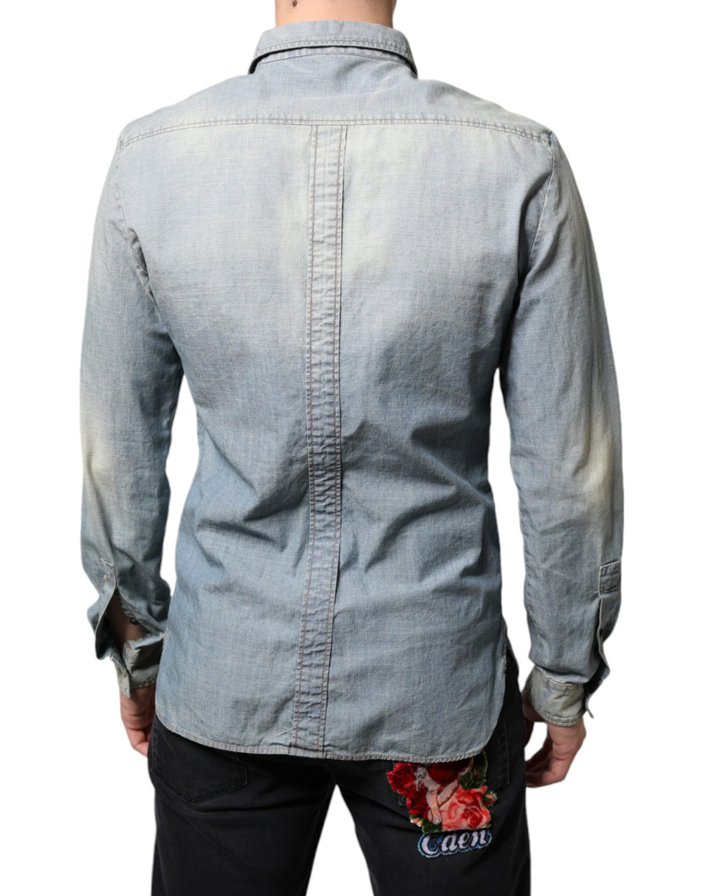 Hellblau bedrucktes Baumwoll-Denim Langarmhemd