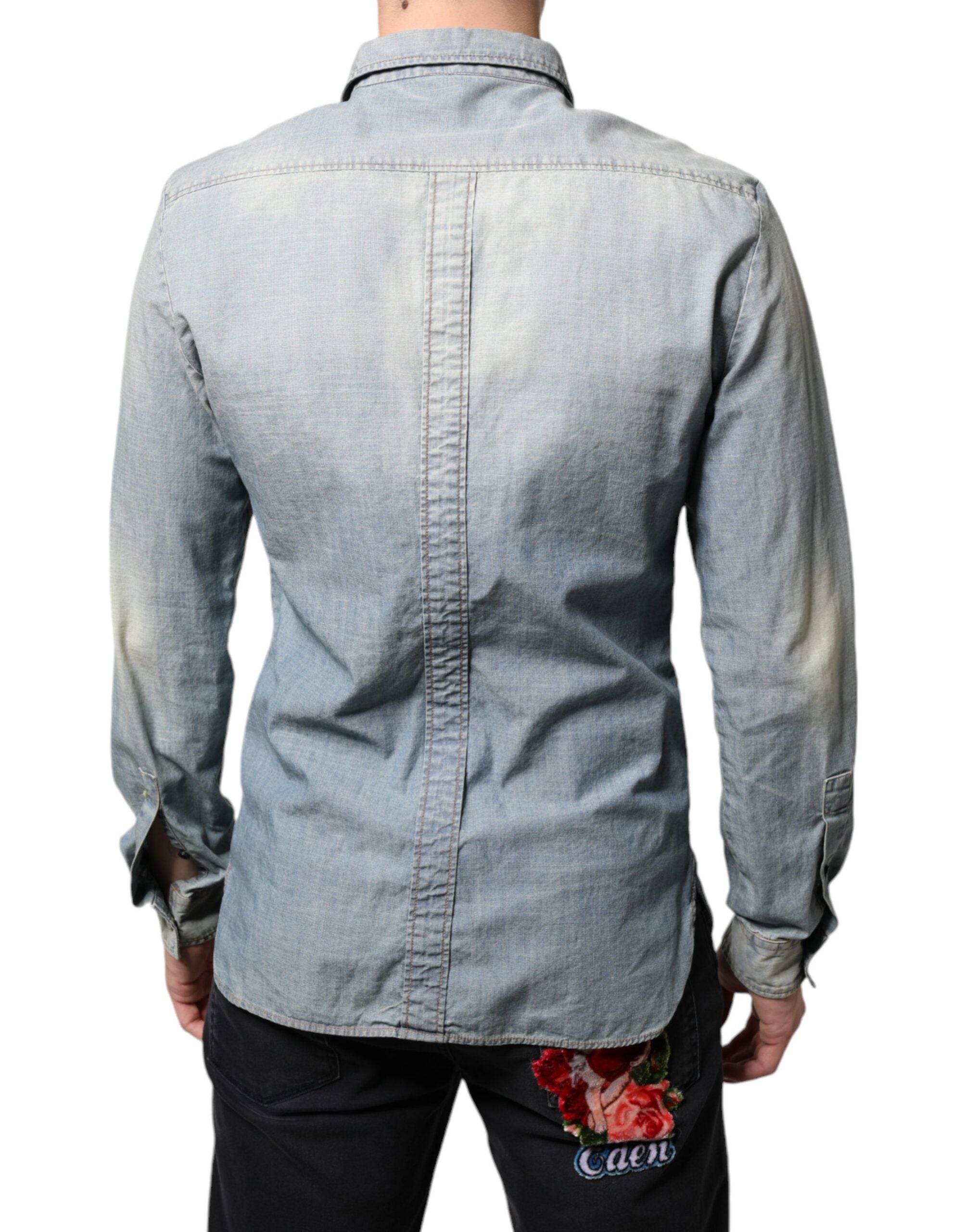 Hellblau bedrucktes Baumwoll-Denim Langarmhemd