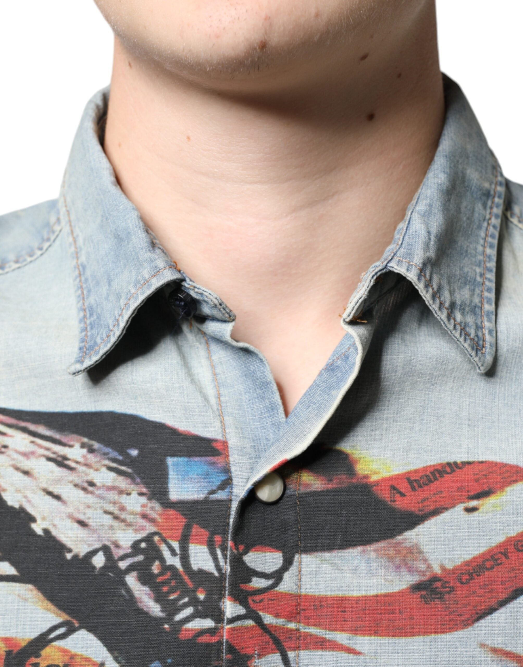 Hellblau bedrucktes Baumwoll-Denim Langarmhemd