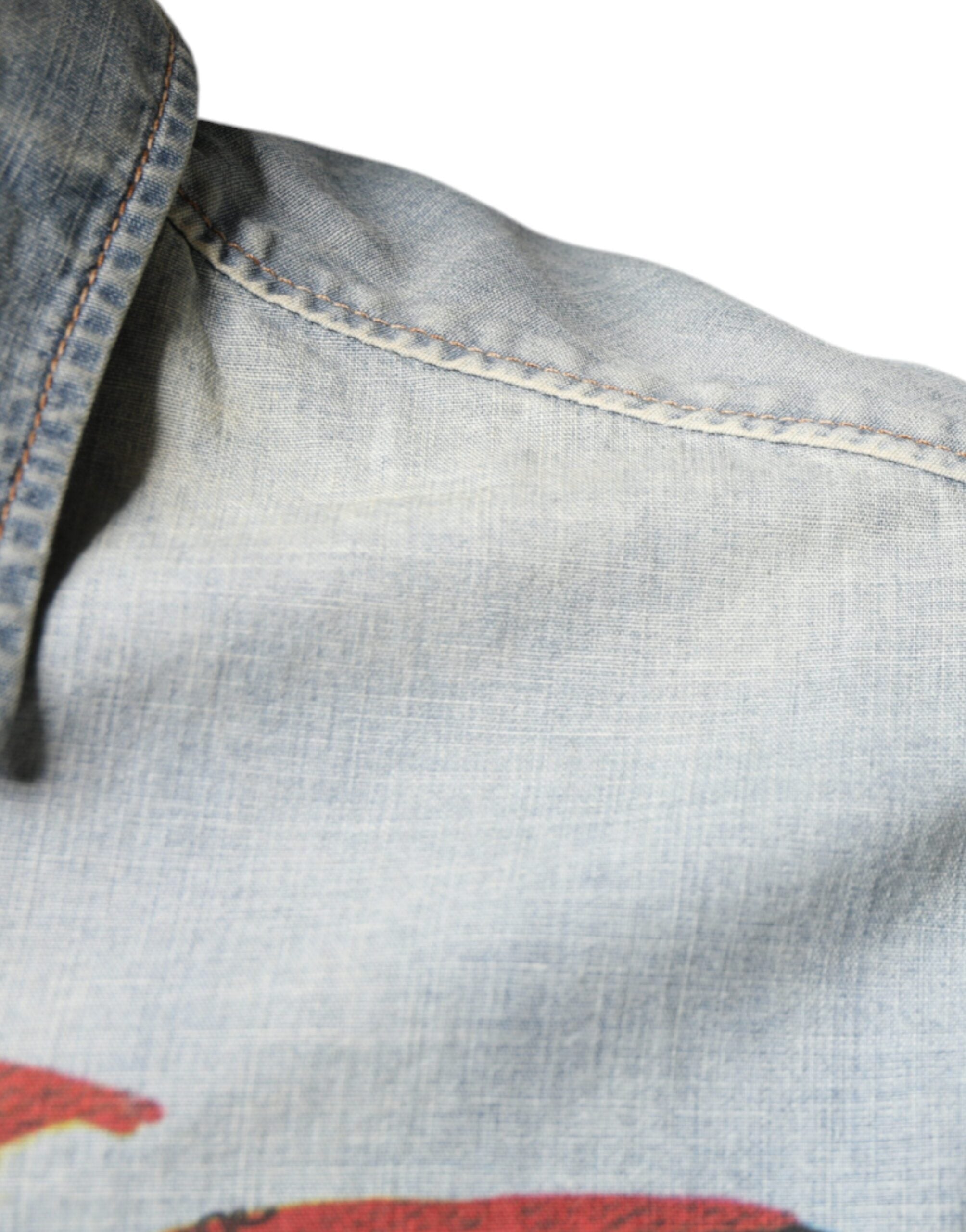 Hellblau bedrucktes Baumwoll-Denim Langarmhemd
