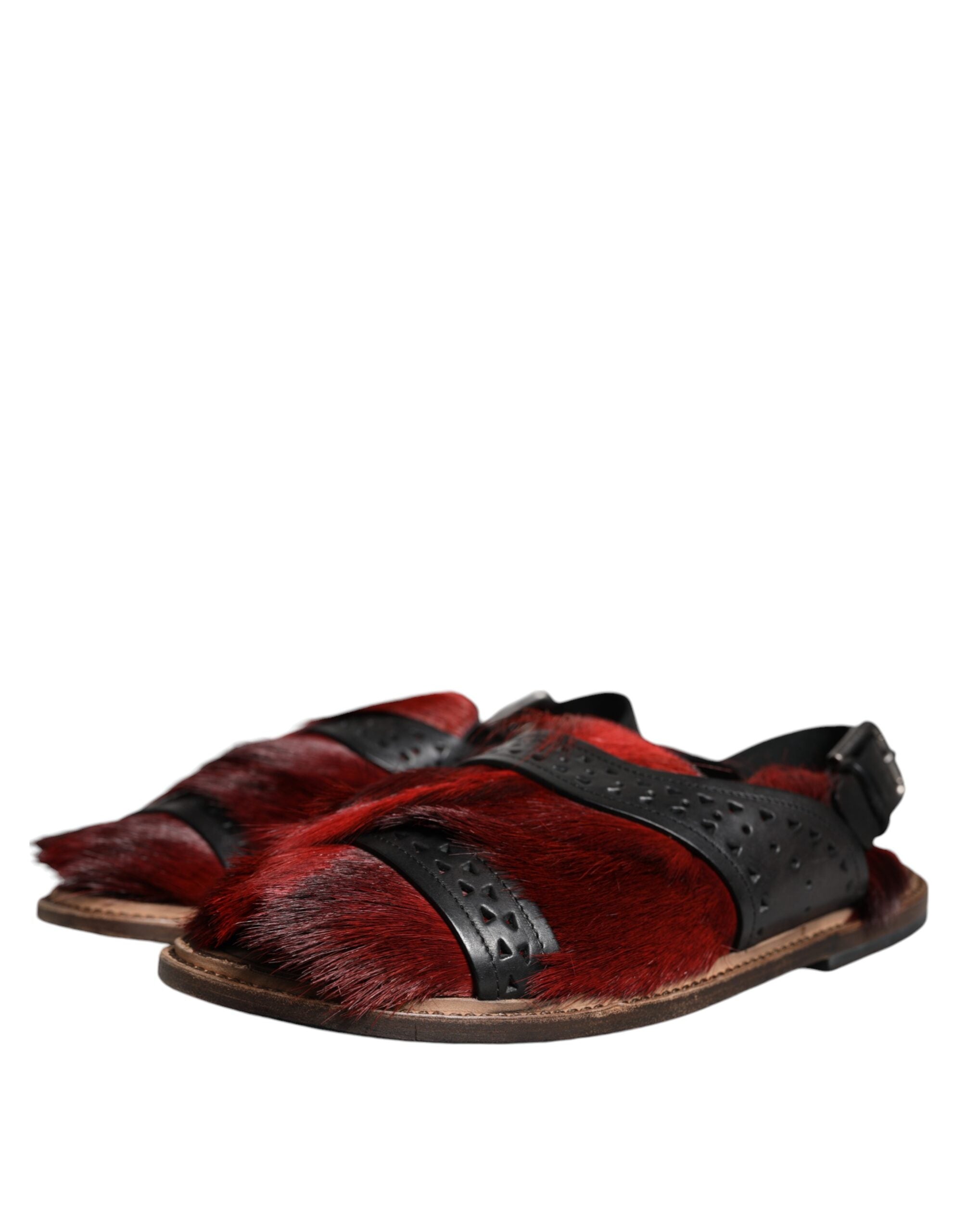 Sandals Shoes in Black Red Gazelle Hair Leather