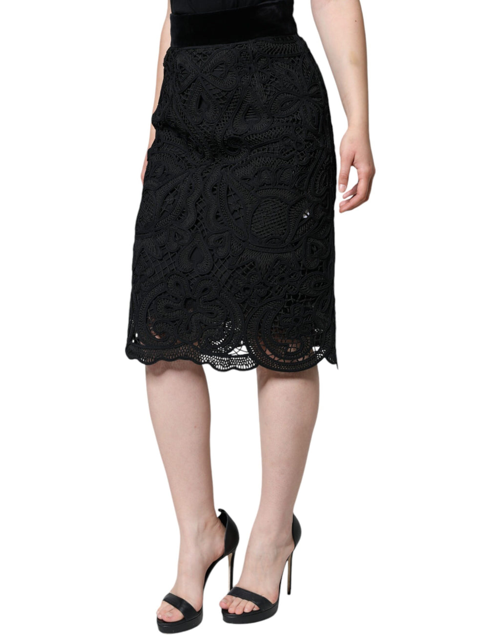 Schwarzer floraler Spitzenrock mit hoher Taille und Bleistiftschnitt