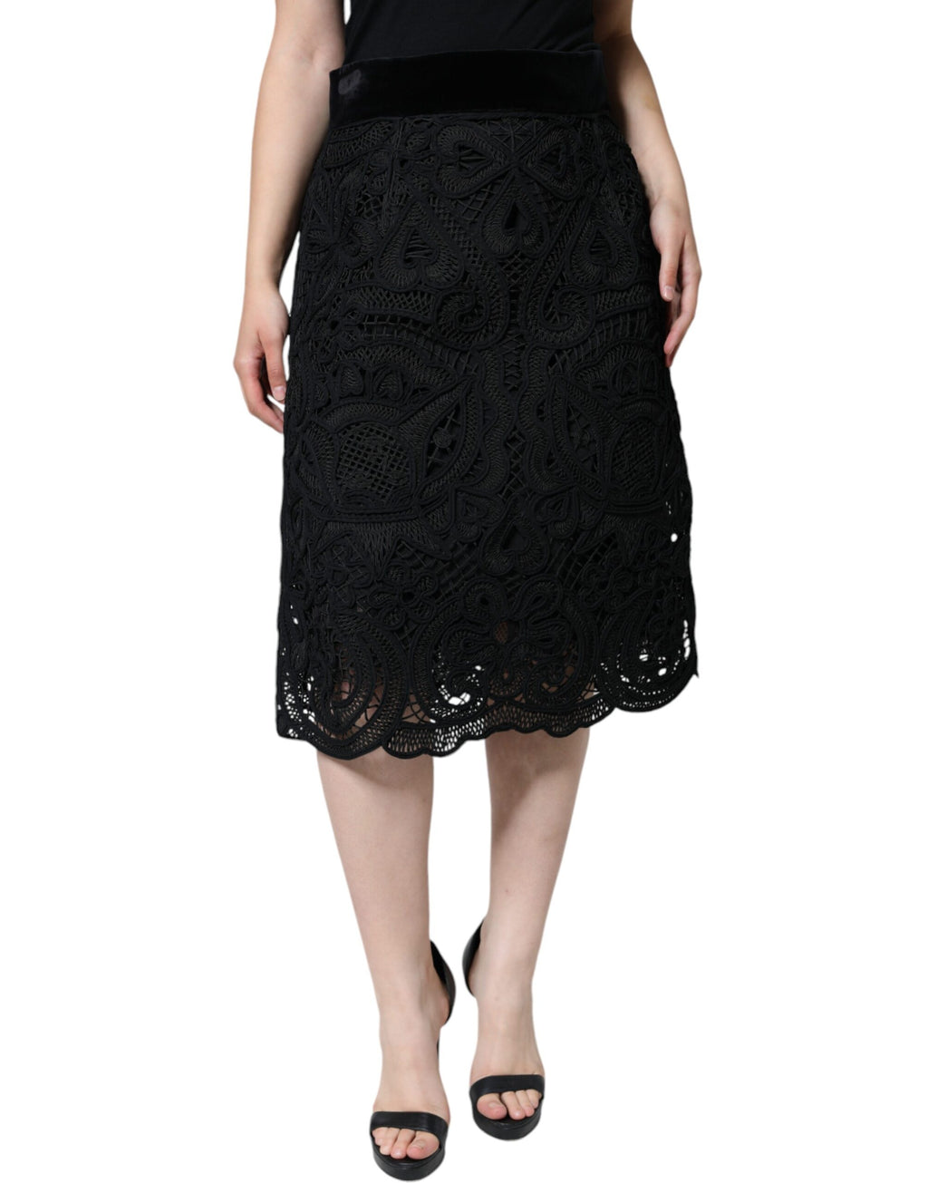 Schwarzer floraler Spitzenrock mit hoher Taille und Bleistiftschnitt