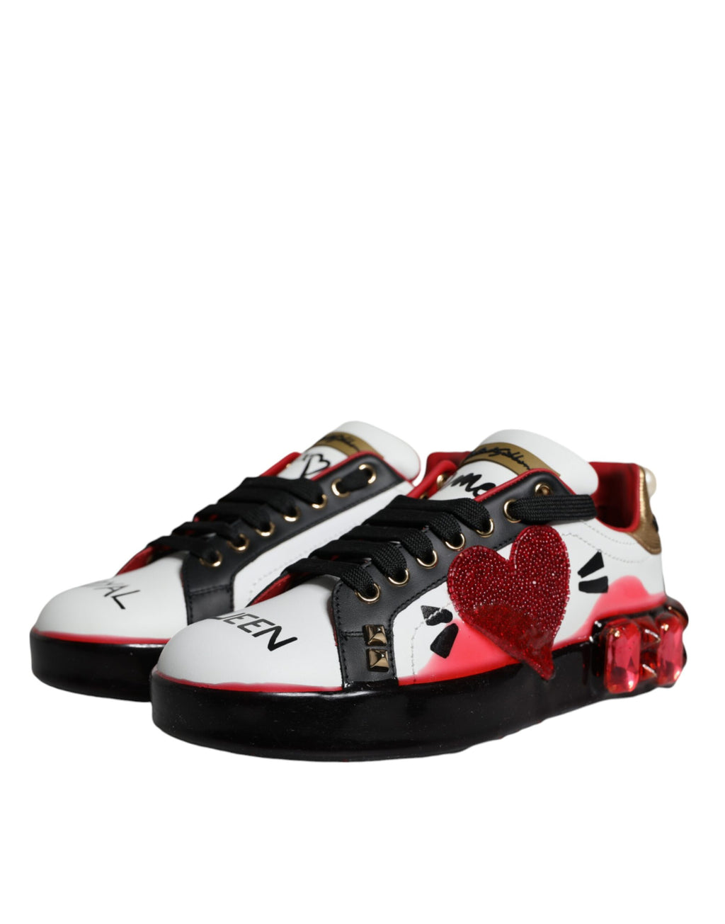 White Red Crystals Leather Portofino Sneakers Schuhe
