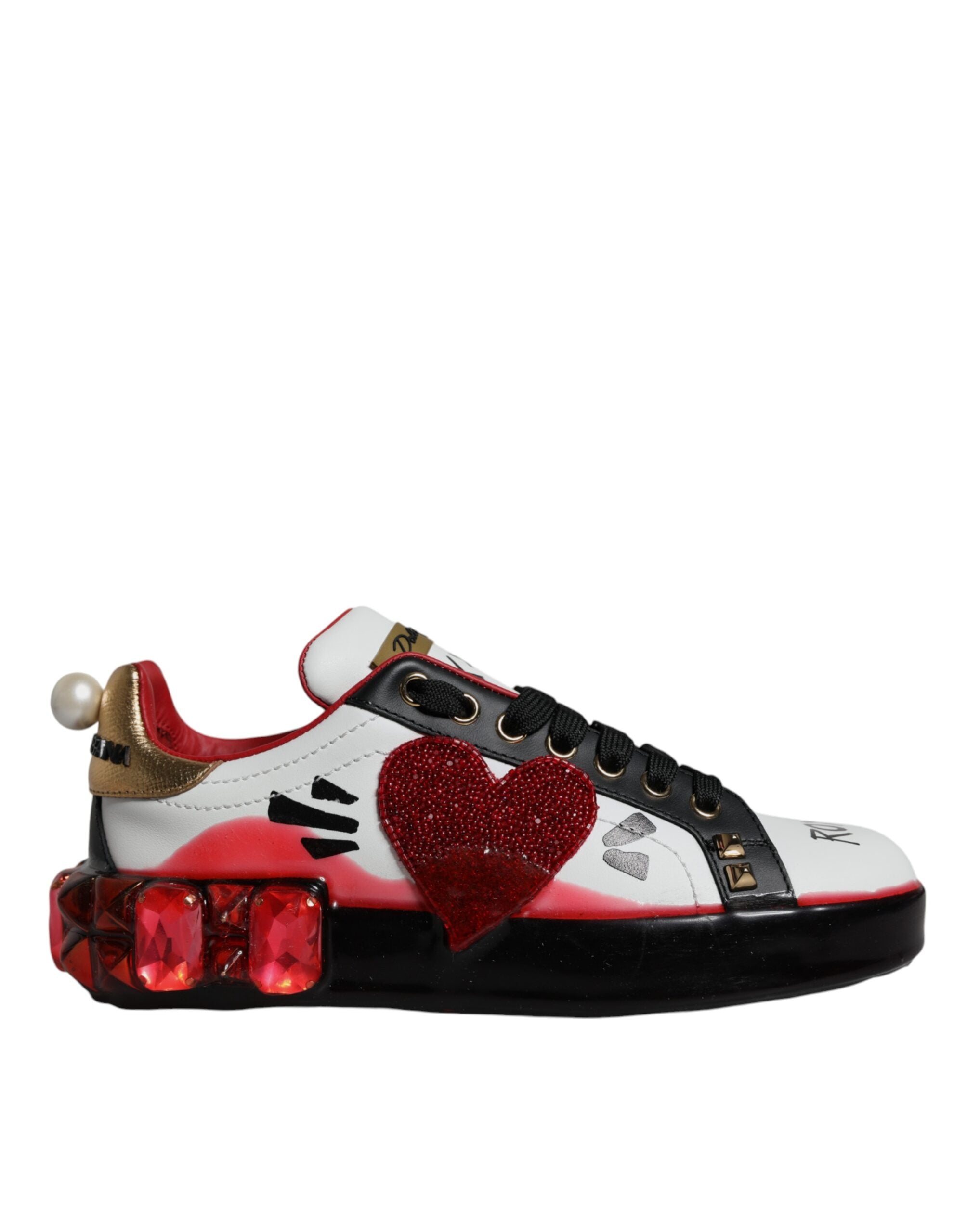 White Red Crystals Leather Portofino Sneakers Schuhe