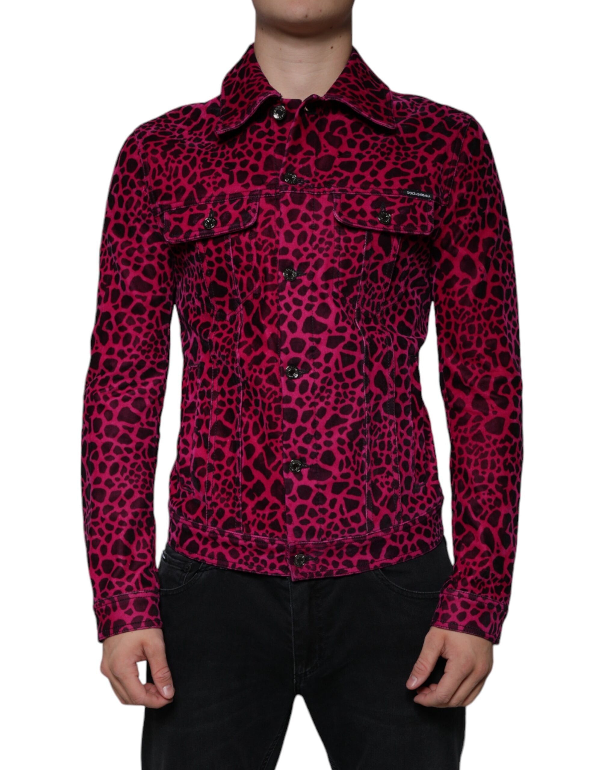 Fuchsiafarbene Leopardenmuster-Jacke mit Reverskragen und Knopfleiste