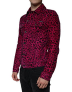 Fuchsiafarbene Leopardenmuster-Jacke mit Reverskragen und Knopfleiste