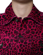 Fuchsiafarbene Leopardenmuster-Jacke mit Reverskragen und Knopfleiste