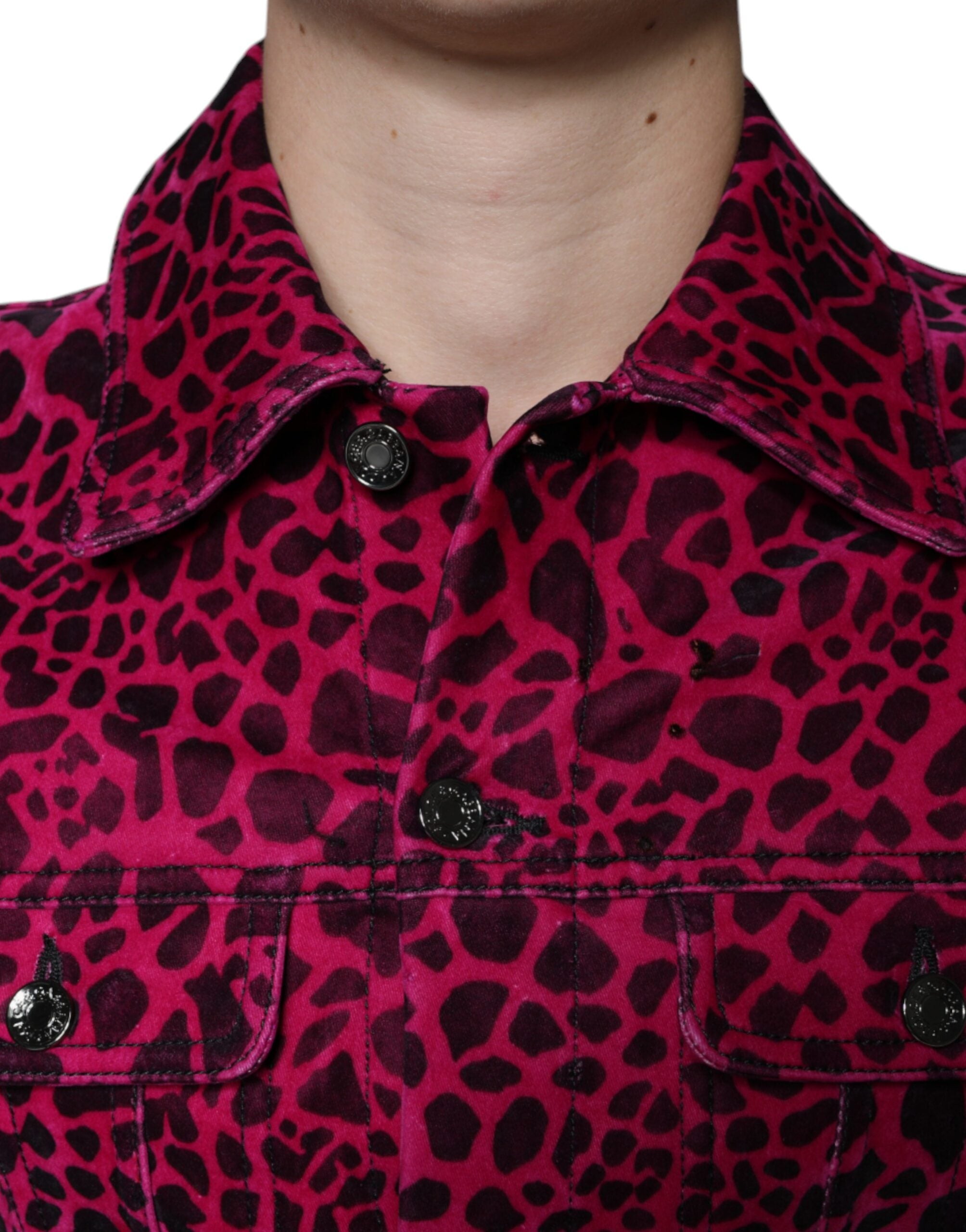 Fuchsiafarbene Leopardenmuster-Jacke mit Reverskragen und Knopfleiste