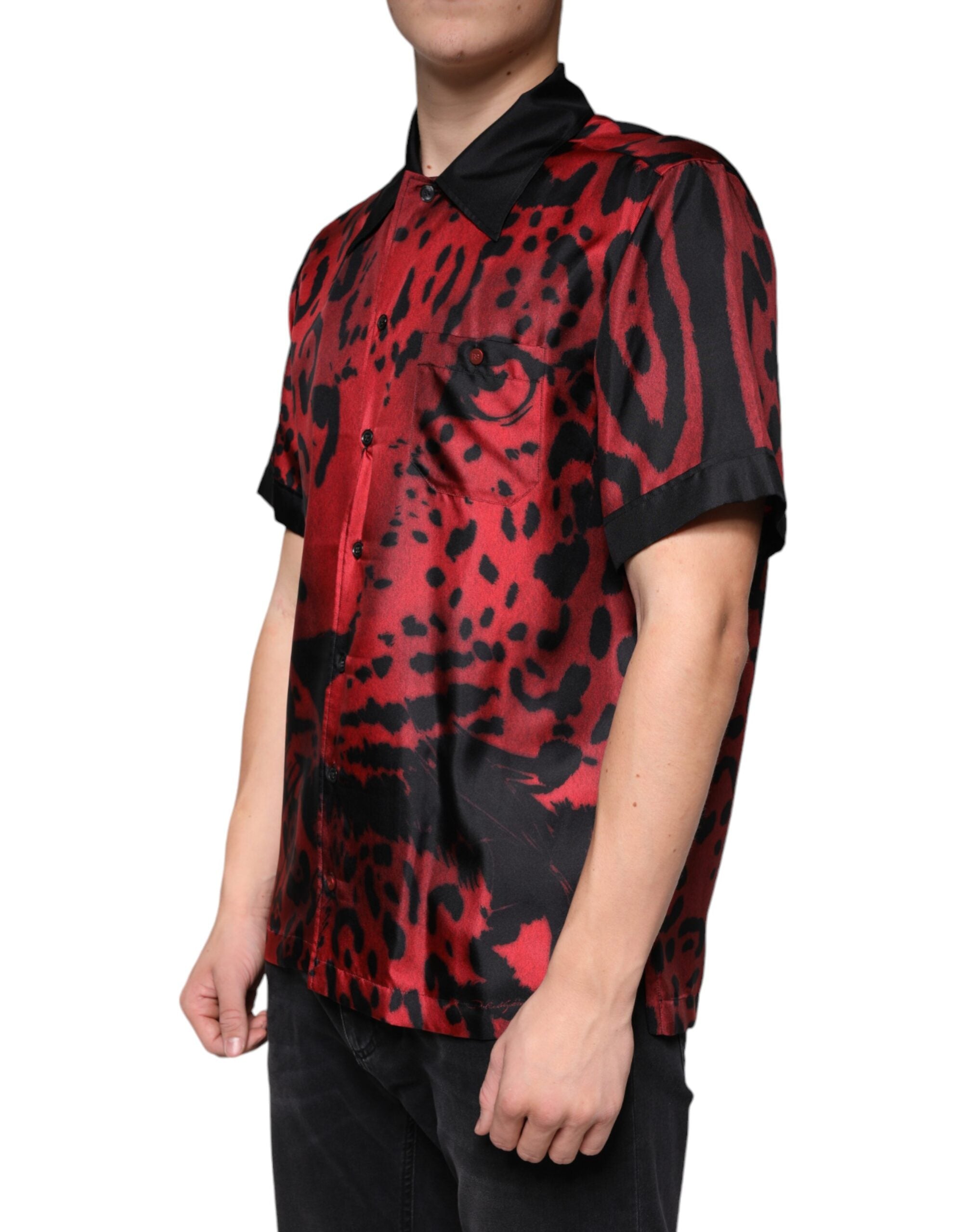 Red Leopard Silk Button-Down Casual Shirt