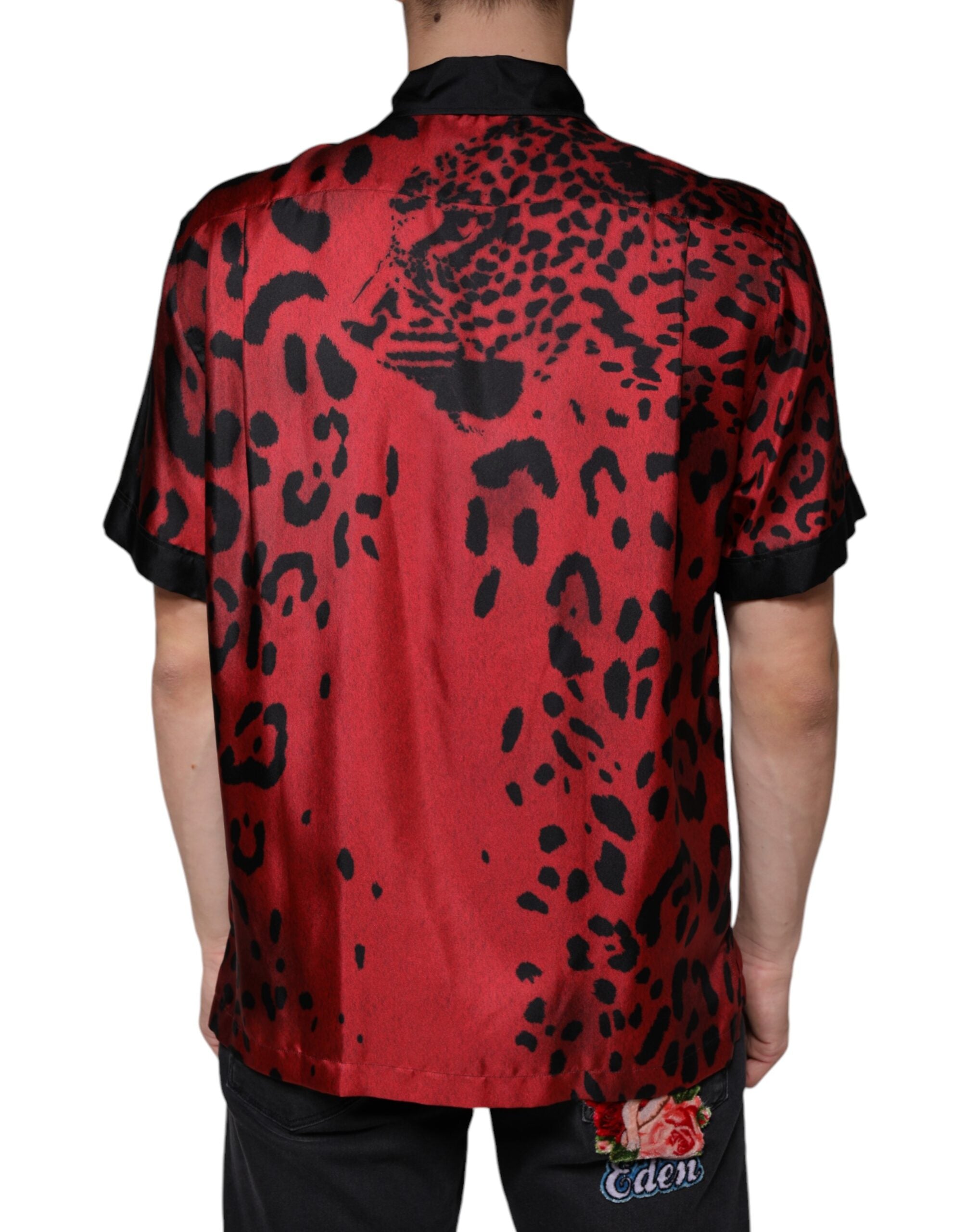 Red Leopard Silk Button-Down Casual Shirt