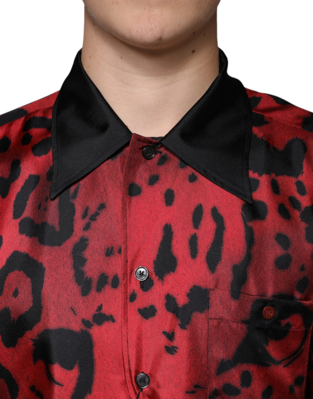 Red Leopard Silk Button-Down Casual Shirt