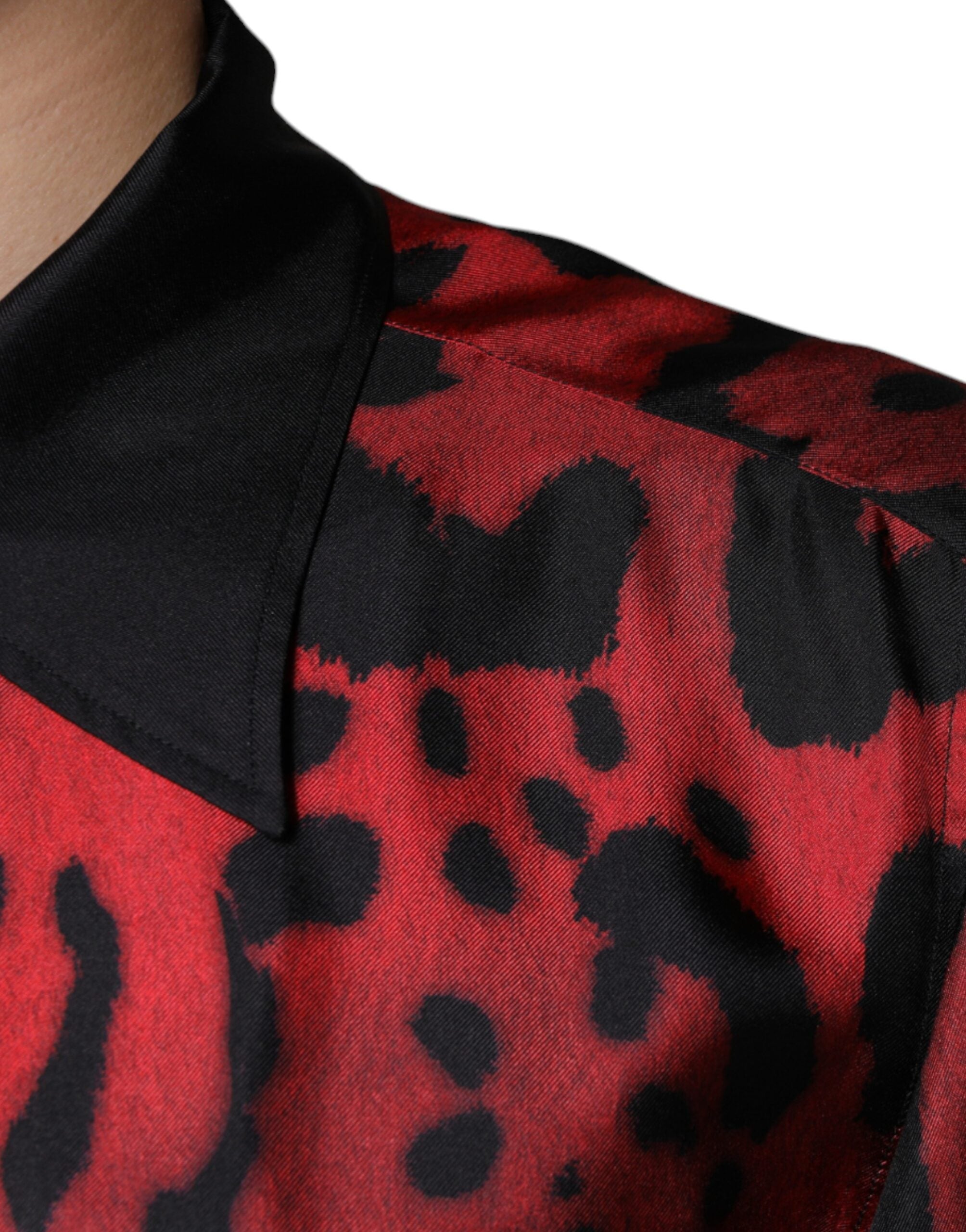 Red Leopard Silk Button-Down Casual Shirt