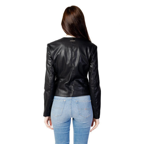 Jacke aus schwarzem Polyester und Leder