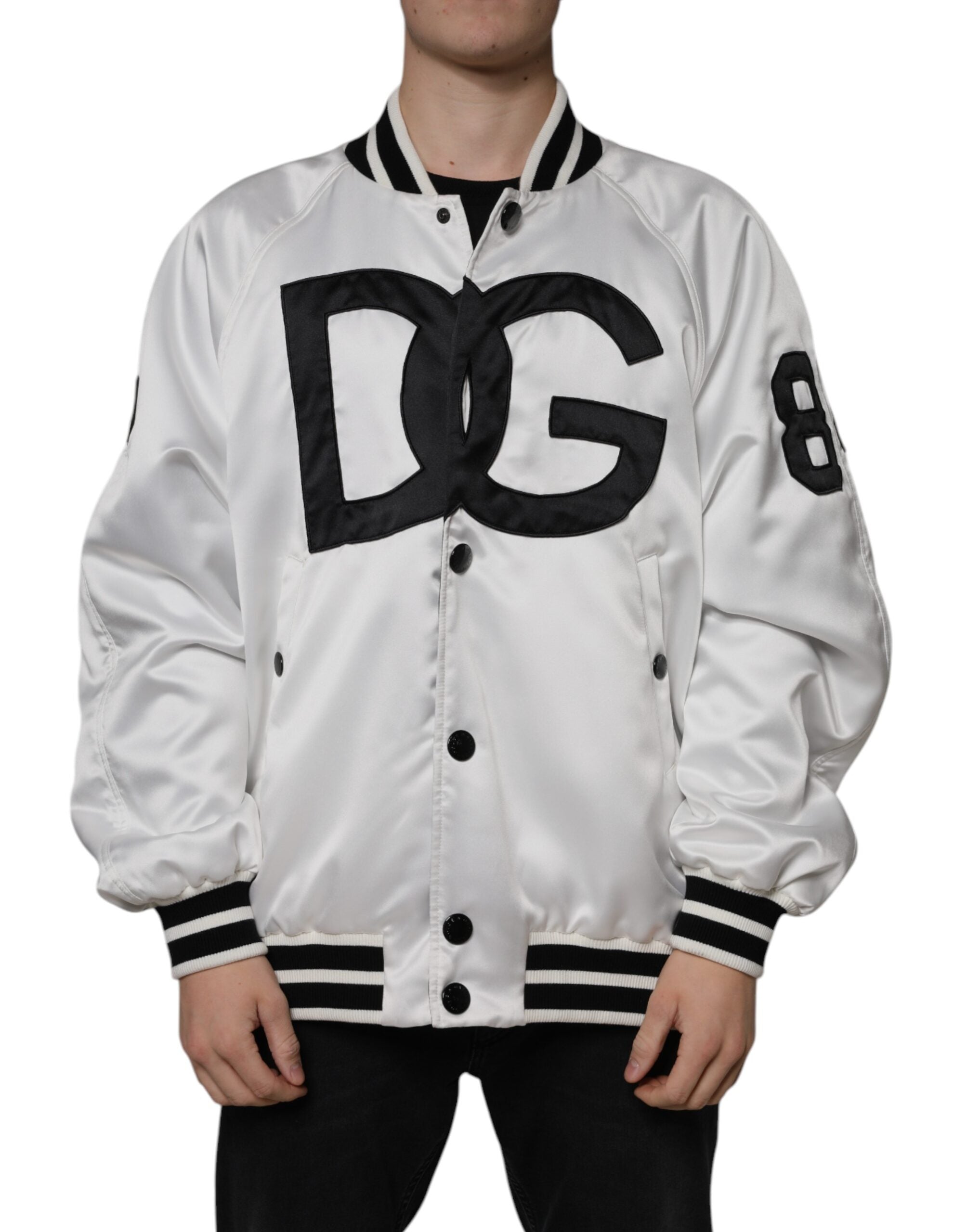 Weiße Polyester-Logo-Bomberjacke mit durchgehendem Reißverschluss