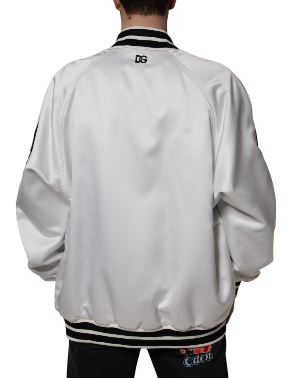 Weiße Polyester-Logo-Bomberjacke mit durchgehendem Reißverschluss