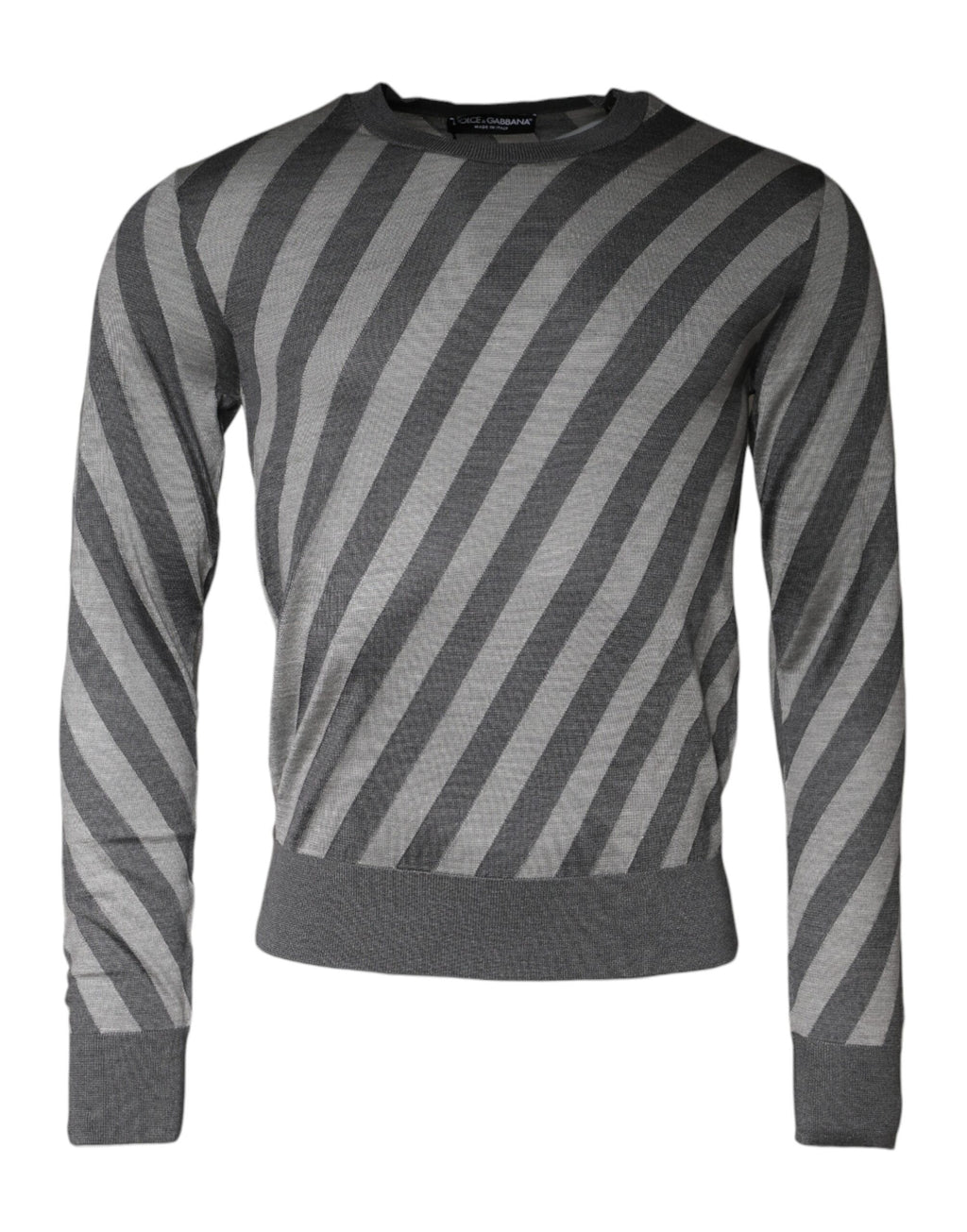 Grau gestreifter langärmliger Rundhals-Pullover