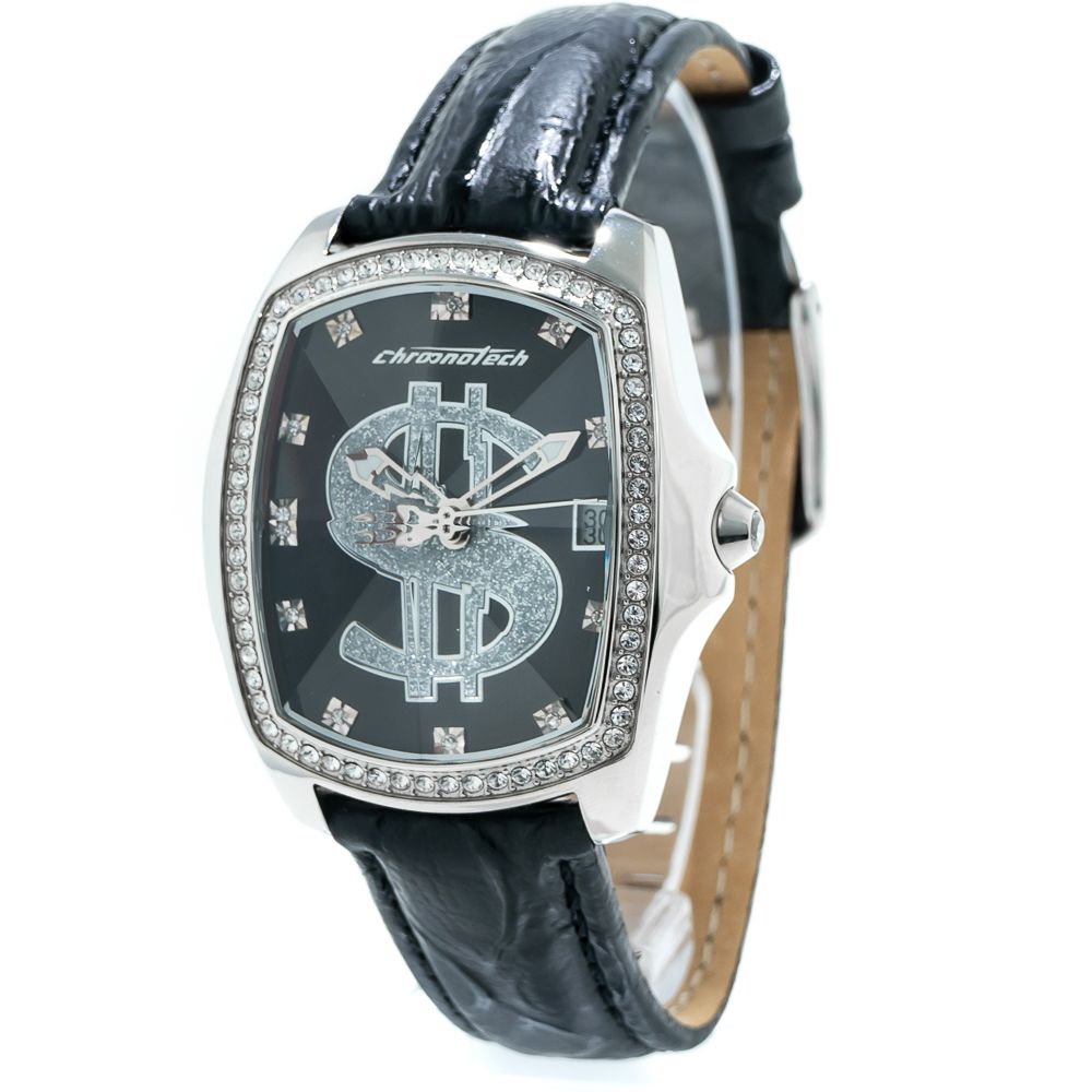 Schwarze Leder-Armbanduhr