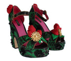 Grüne Brokat-Schlangenlederrosen-Kristallschuhe
