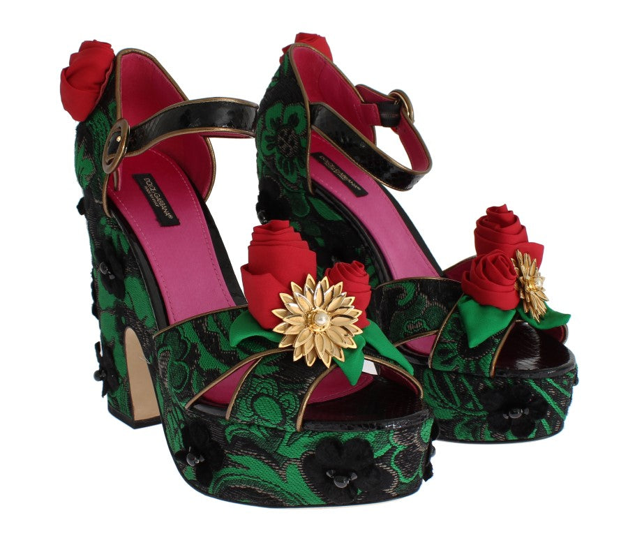 Grüne Brokat-Schlangenlederrosen-Kristallschuhe