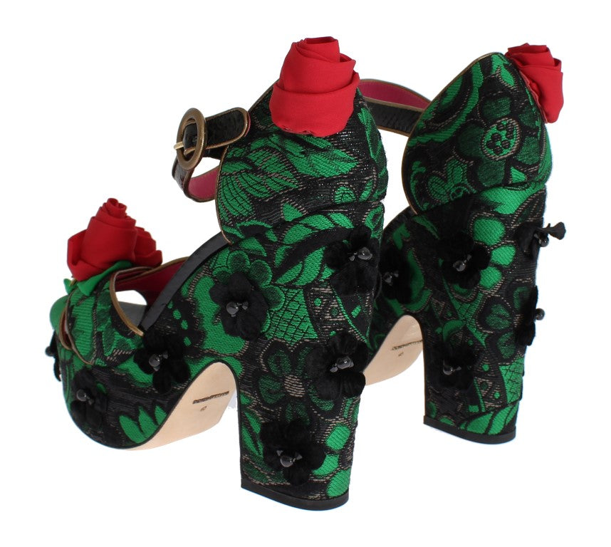 Grüne Brokat-Schlangenlederrosen-Kristallschuhe