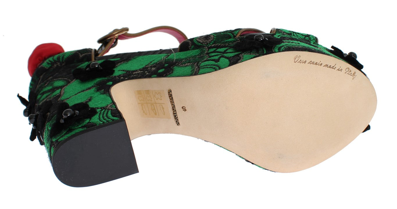 Grüne Brokat-Schlangenlederrosen-Kristallschuhe