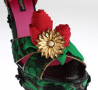 Grüne Brokat-Schlangenlederrosen-Kristallschuhe
