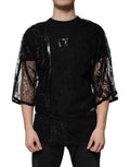 Schwarzes T-Shirt aus Nylon mit Blumenstickerei und Rundhalsausschnitt