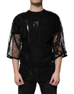 Schwarzes T-Shirt aus Nylon mit Blumenstickerei und Rundhalsausschnitt