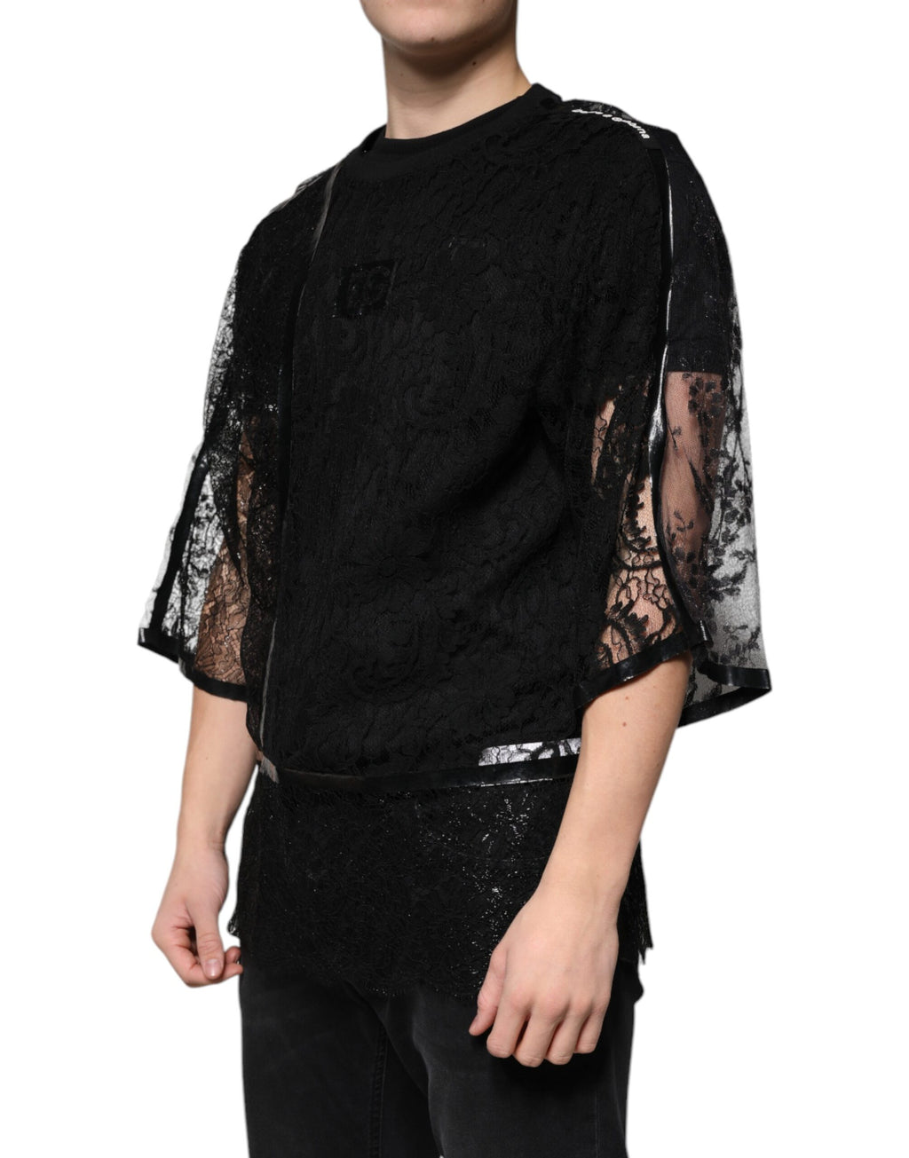 Schwarzes T-Shirt aus Nylon mit Blumenstickerei und Rundhalsausschnitt