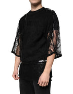 Schwarzes T-Shirt aus Nylon mit Blumenstickerei und Rundhalsausschnitt