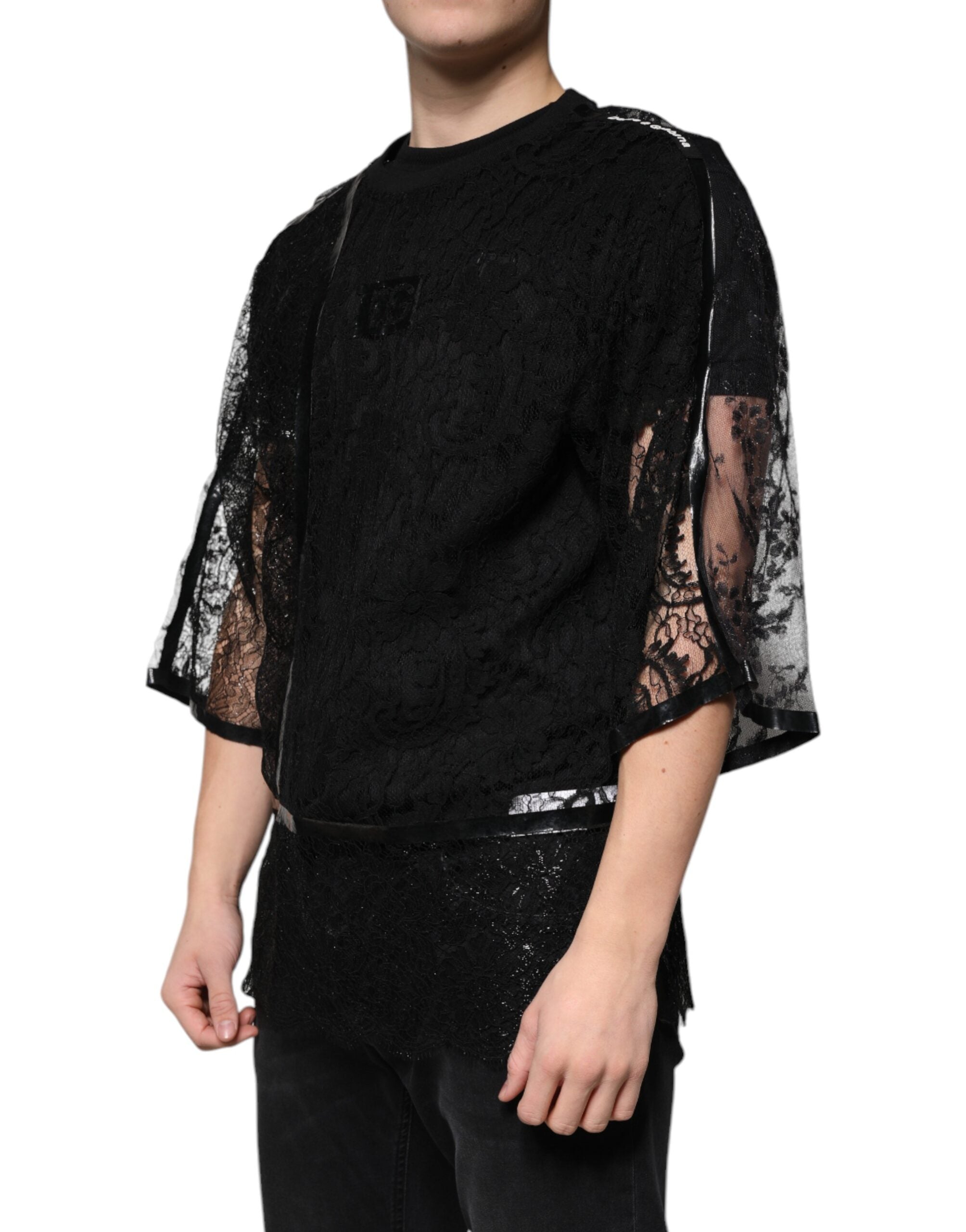 Schwarzes T-Shirt aus Nylon mit Blumenstickerei und Rundhalsausschnitt