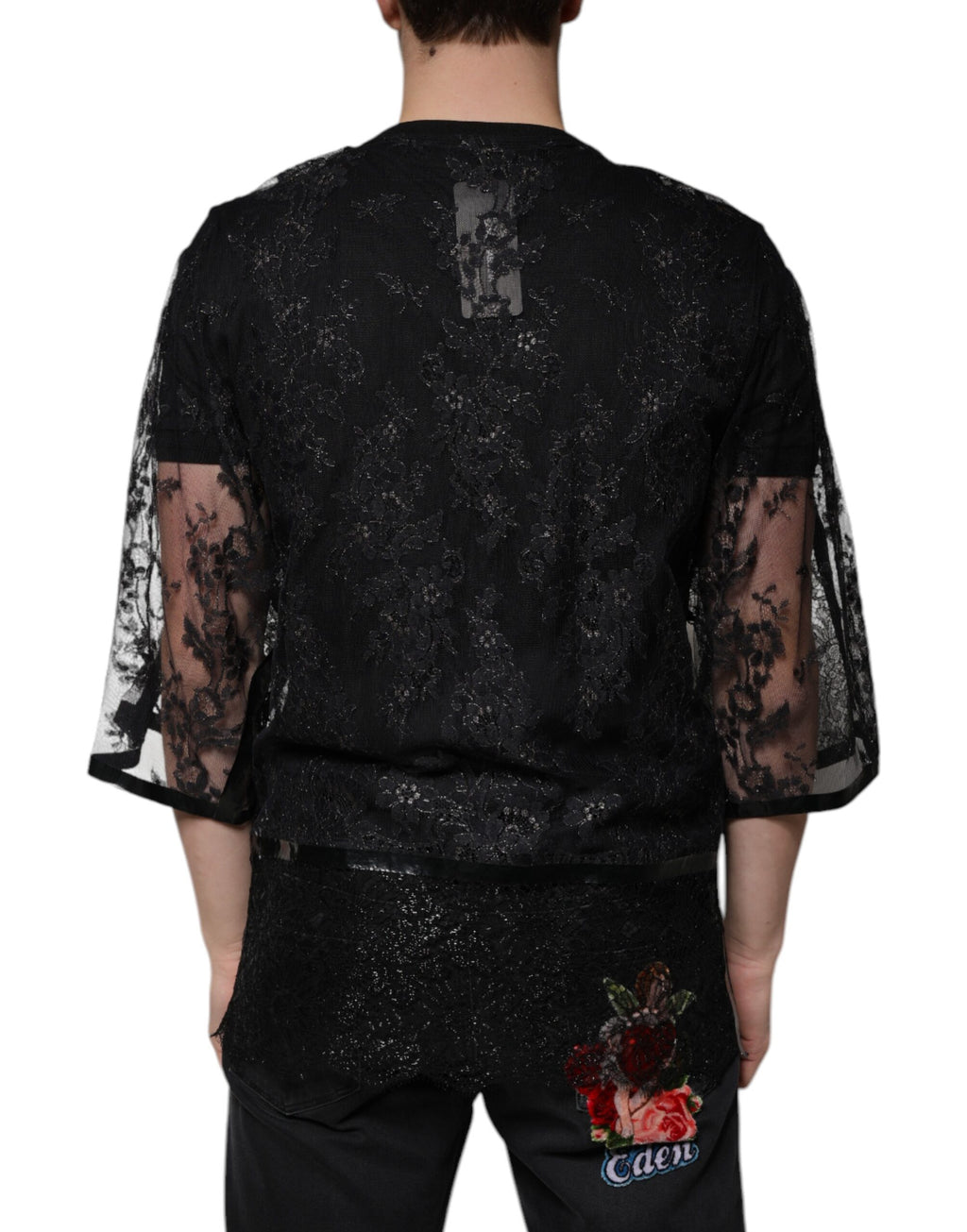 Schwarzes T-Shirt aus Nylon mit Blumenstickerei und Rundhalsausschnitt