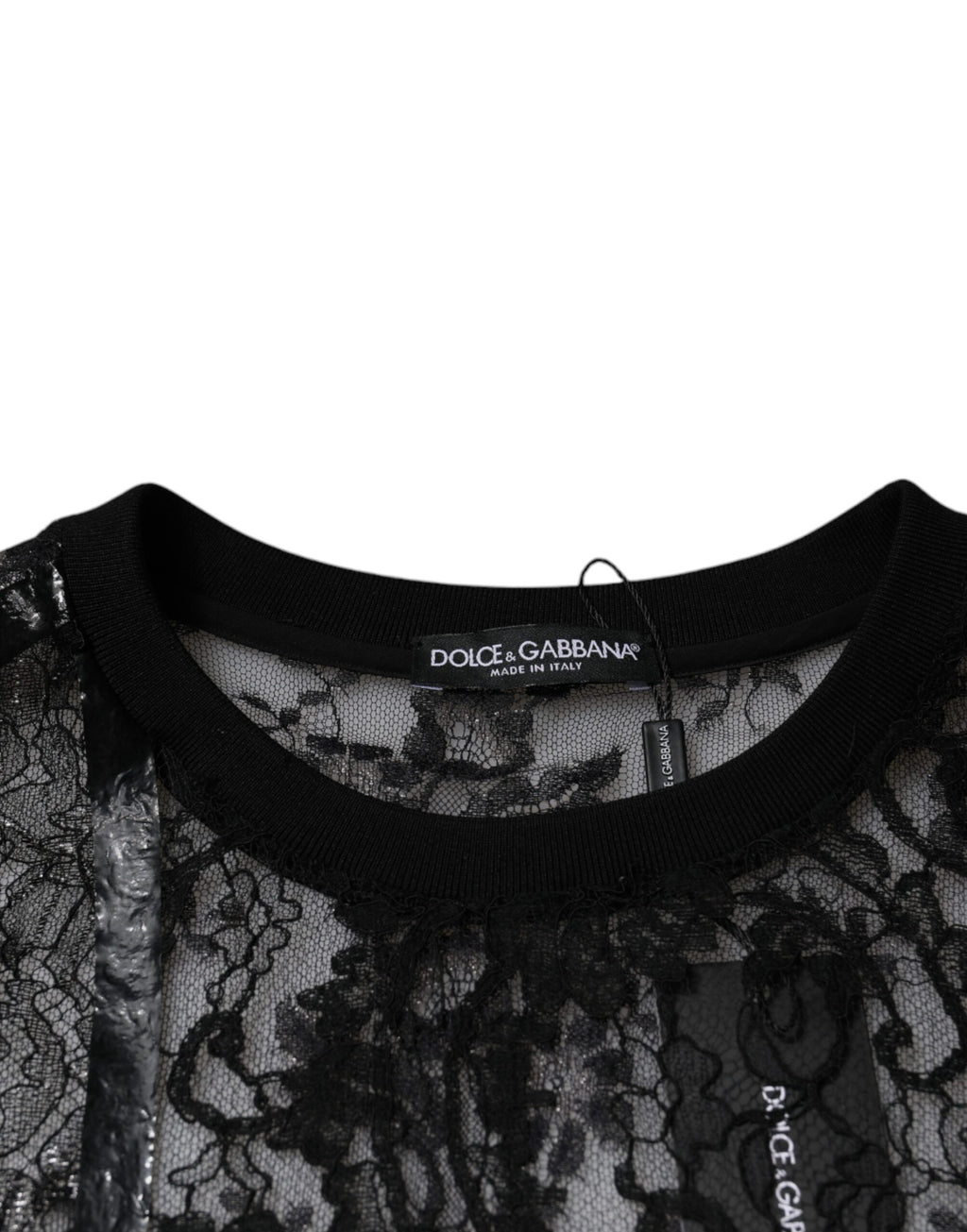 Schwarzes T-Shirt aus Nylon mit Blumenstickerei und Rundhalsausschnitt