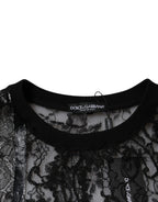 Schwarzes T-Shirt aus Nylon mit Blumenstickerei und Rundhalsausschnitt