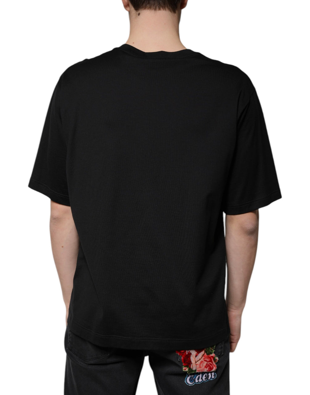 Schwarzes Baumwoll-T-Shirt mit Rundhalsausschnitt und kurzen Ärmeln