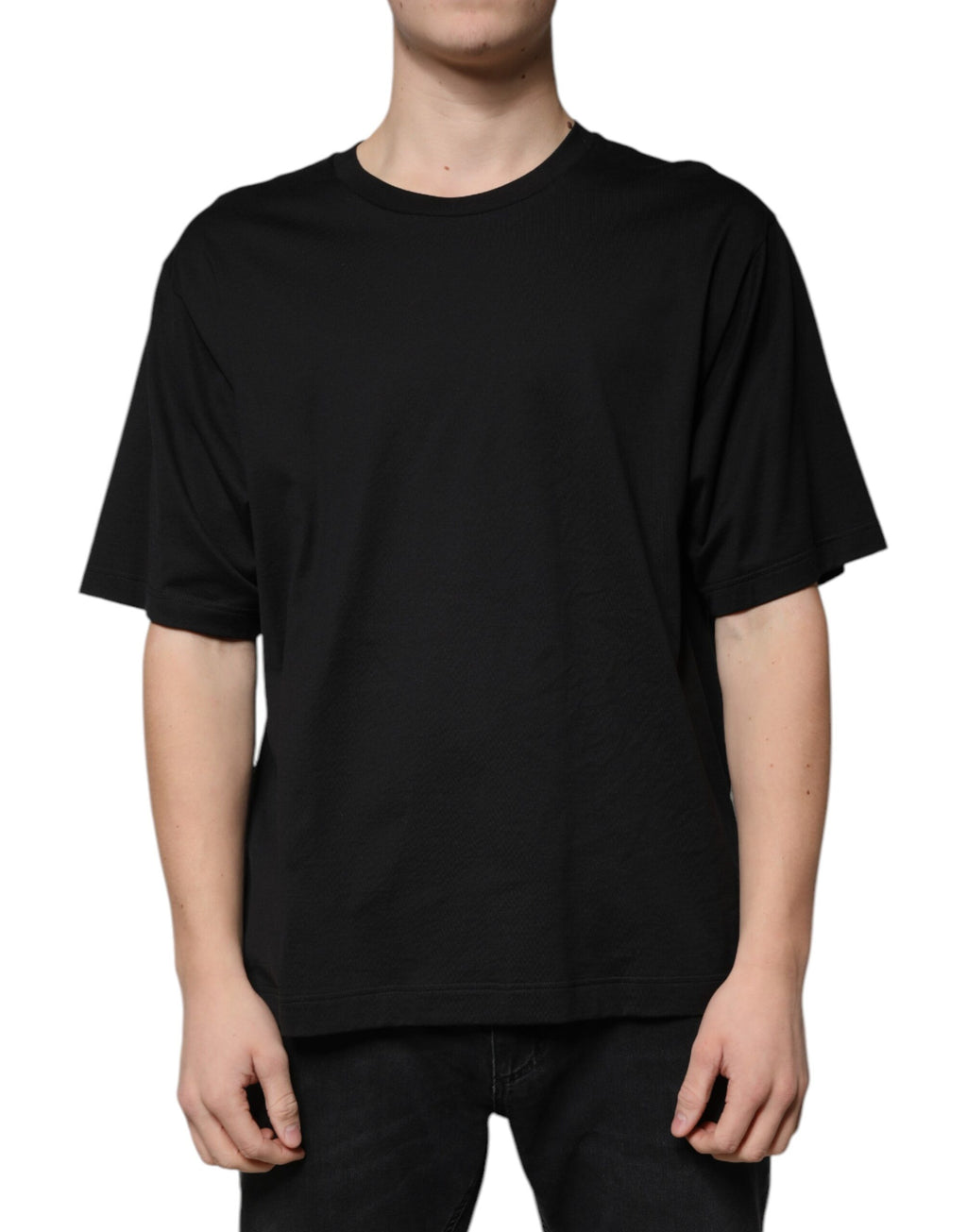 Schwarzes Baumwoll-T-Shirt mit Rundhalsausschnitt und kurzen Ärmeln