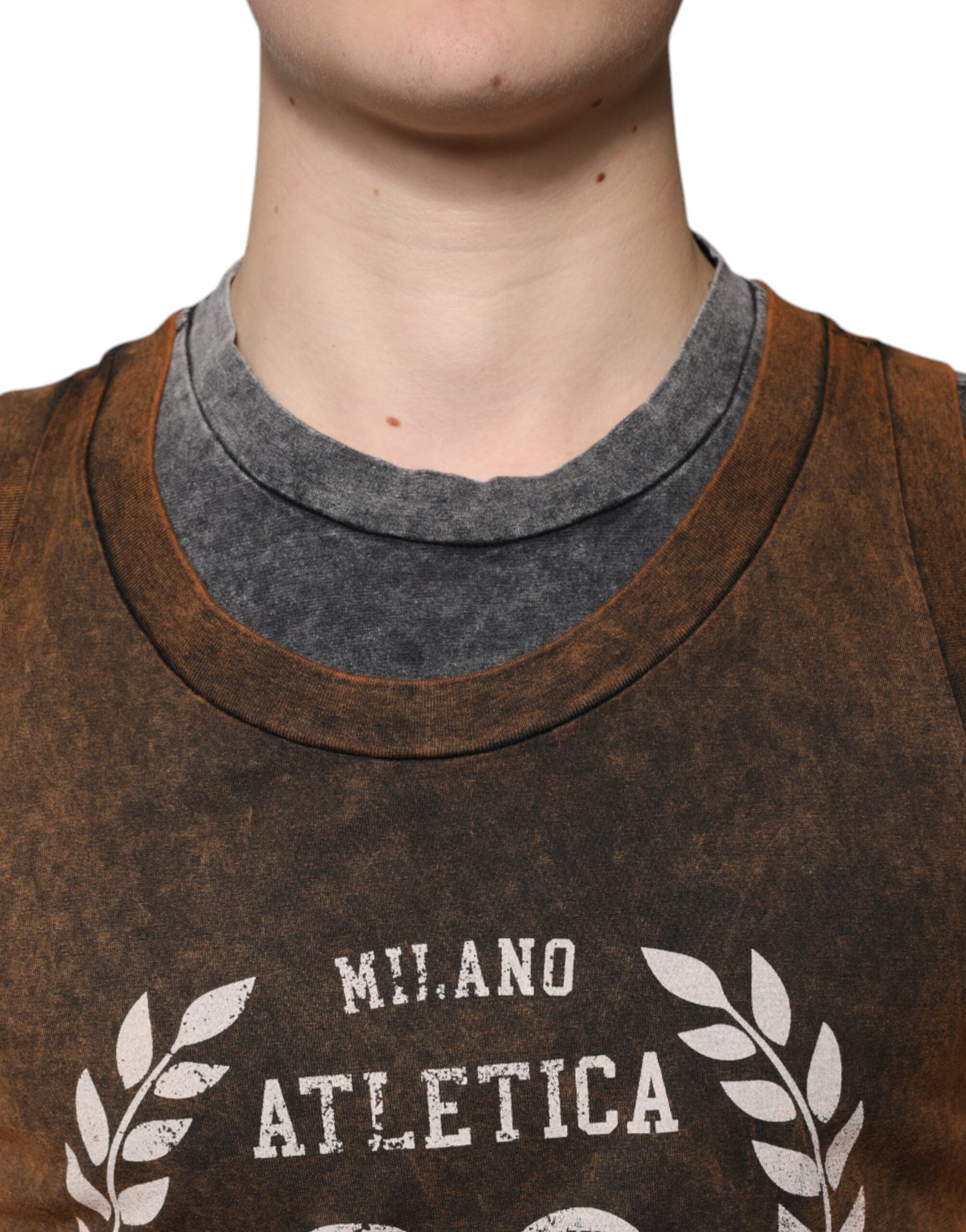 Brown Cotton Crew Neck Sleeveless T-Shirt