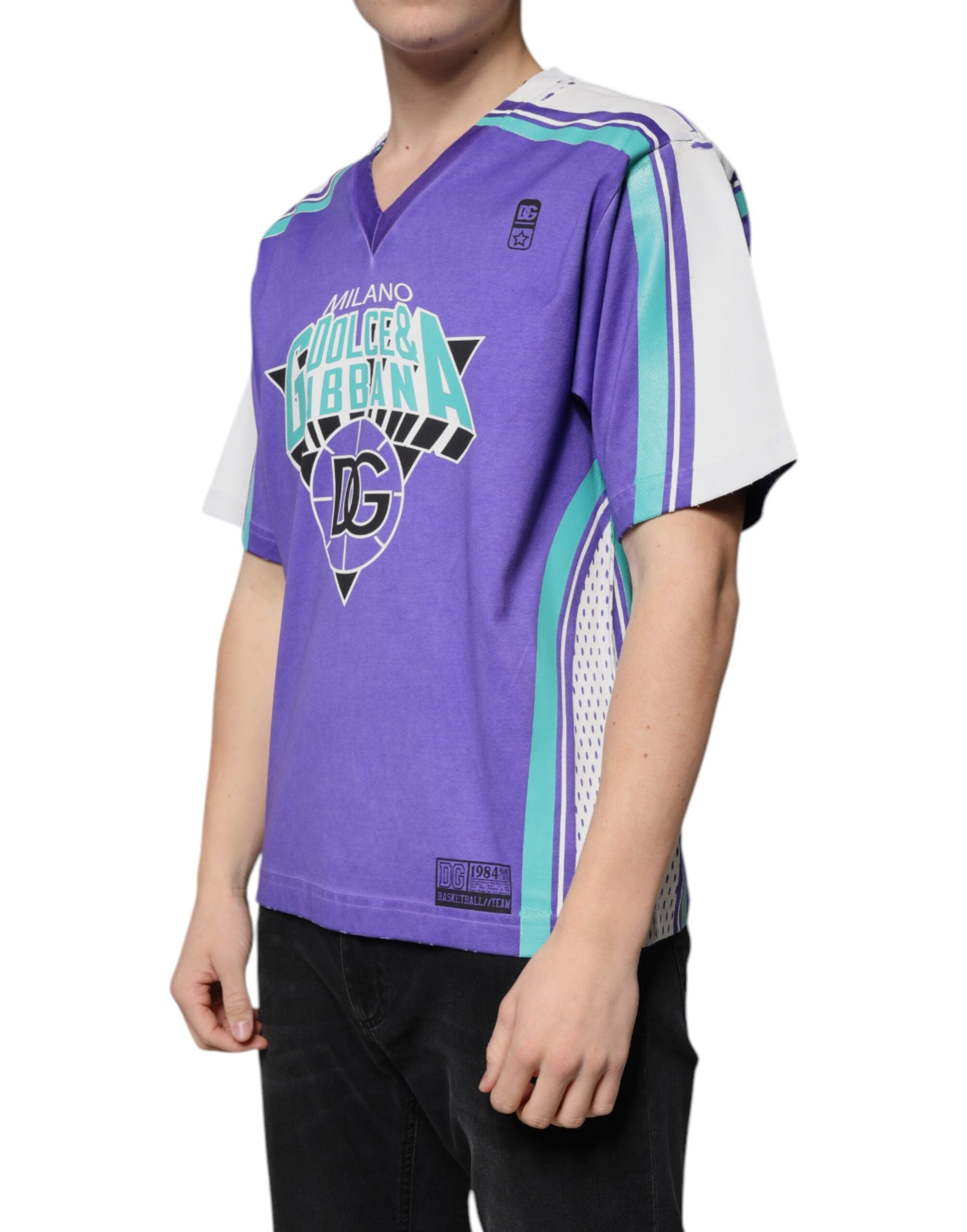 Lila T-Shirt aus Baumwolljersey mit V-Ausschnitt und Logo