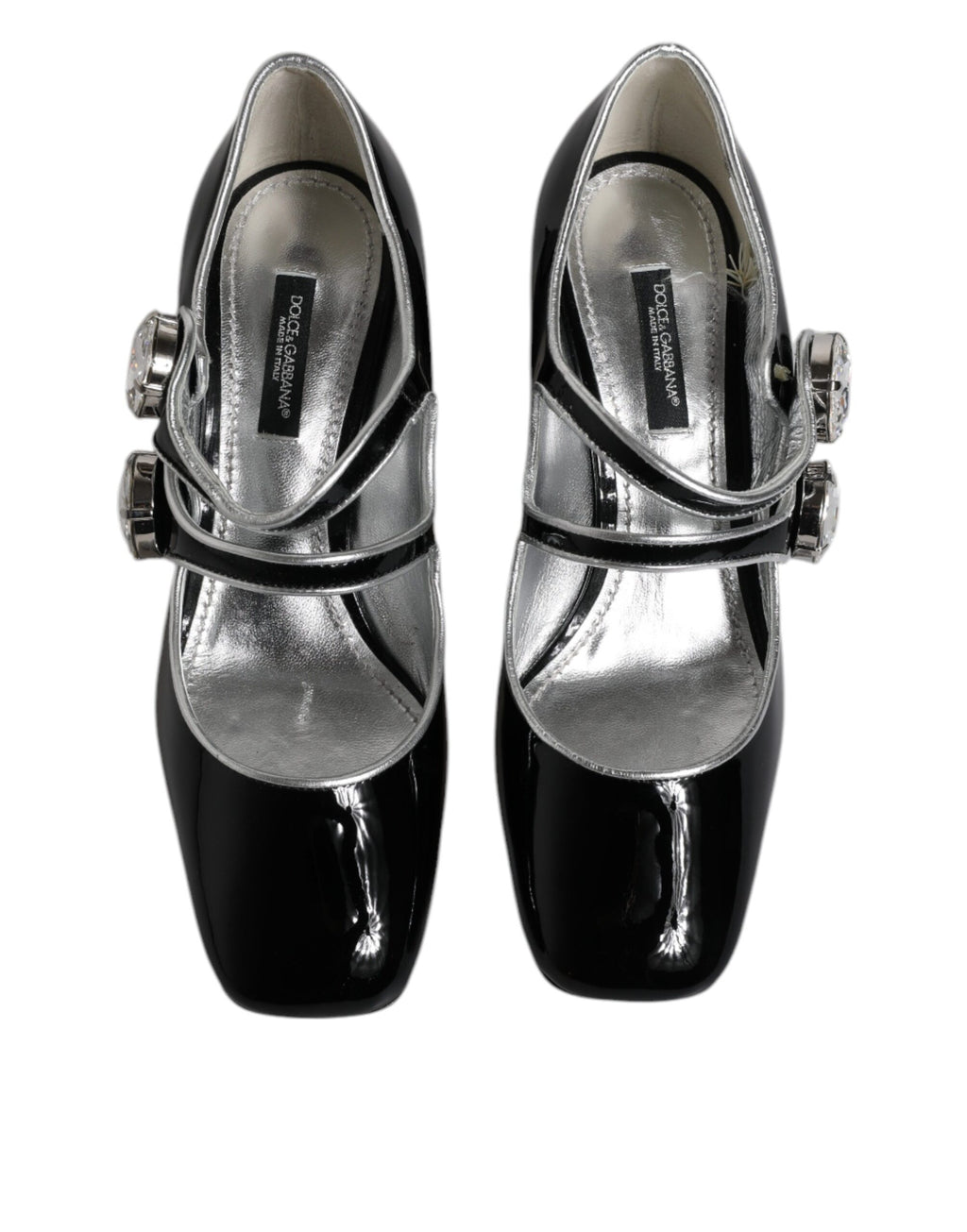 Schwarze Lackleder Mary Jane Pumps mit Kristallen
