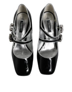 Schwarze Lackleder Mary Jane Pumps mit Kristallen
