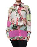 Mehrfarbiges Oberteil mit Blüten-Patchwork-Ascot-Kragen