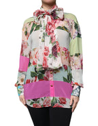 Mehrfarbiges Oberteil mit Blüten-Patchwork-Ascot-Kragen