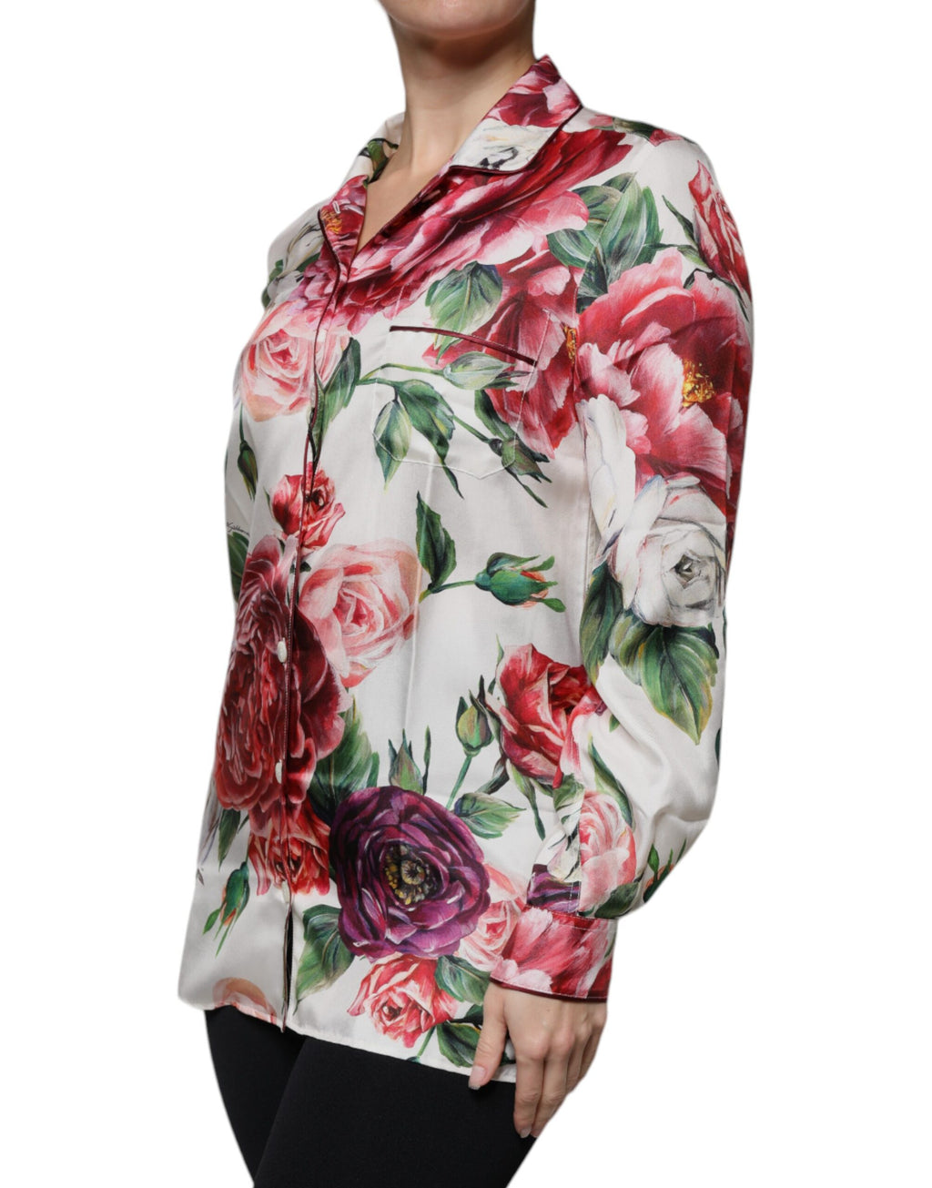 Weiße Peony Seide Langarmbluse mit Kragen