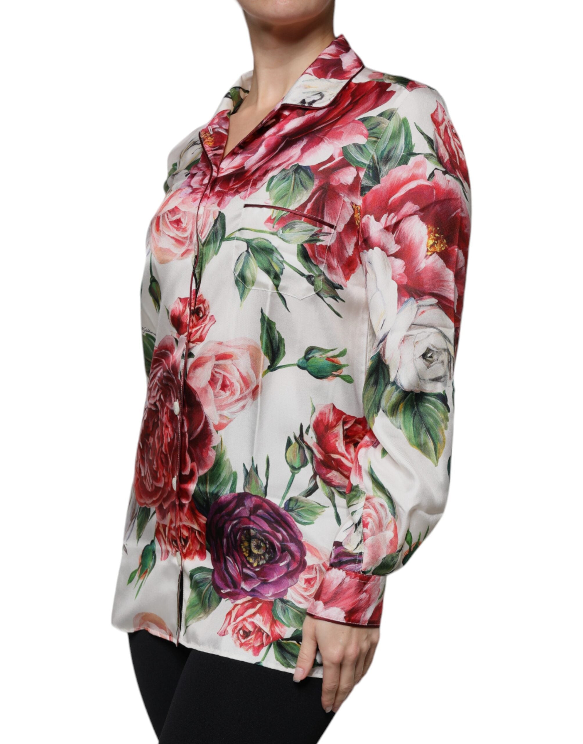 Weiße Peony Seide Langarmbluse mit Kragen
